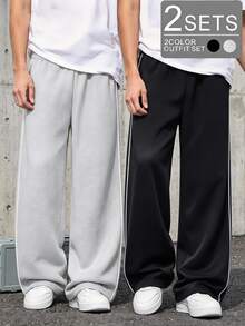 SHEIN 2 Packs Vacaura Boy Minimalist Baggy Casual Fashion Sports Black Gray Fleece Straight Leg Sweatpants Spring Autumn Winter School Light Grey - Multicolor - View 1