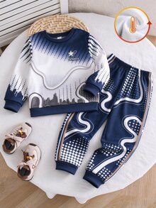 SHEIN Little Boys Star Graphic Print Crew Neck Sweatshirt & Jogger Pants 2pcs Casual Tracksuit Outfit Set For Fall Winter School Outdoor Daily Wear - Navy Blue - View 2