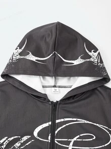 SHEIN Coolqubz 青少年男孩手寫字母圖案連帽拉鍊運動衫，休閒街頭風寬鬆炭灰色秋冬款，附口袋，適合秋季六年級學生騎行 - 深灰色 - 查看 5