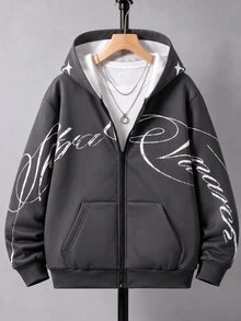 SHEIN Coolqubz 青少年男孩手寫字母圖案連帽拉鍊運動衫，休閒街頭風寬鬆炭灰色秋冬款，附口袋，適合秋季六年級學生騎行 - 深灰色 - 查看 4