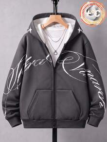 SHEIN Coolqubz 青少年男孩手寫字母圖案連帽拉鍊運動衫，休閒街頭風寬鬆炭灰色秋冬款，附口袋，適合秋季六年級學生騎行 - 深灰色 - 查看 2