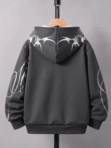 SHEIN Coolqubz 青少年男孩手寫字母圖案連帽拉鍊運動衫，休閒街頭風寬鬆炭灰色秋冬款，附口袋，適合秋季六年級學生騎行 - 深灰色 - 查看 3