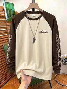 Coolqubz 1pc Teen Boy Streetwear Cute Teen Colorblock Fashion Pullover Crew Neck Raglan T-Shirt, Comfortable Fabric, Suitable For Sports Casual, Fall Beach - Khaki - View 2