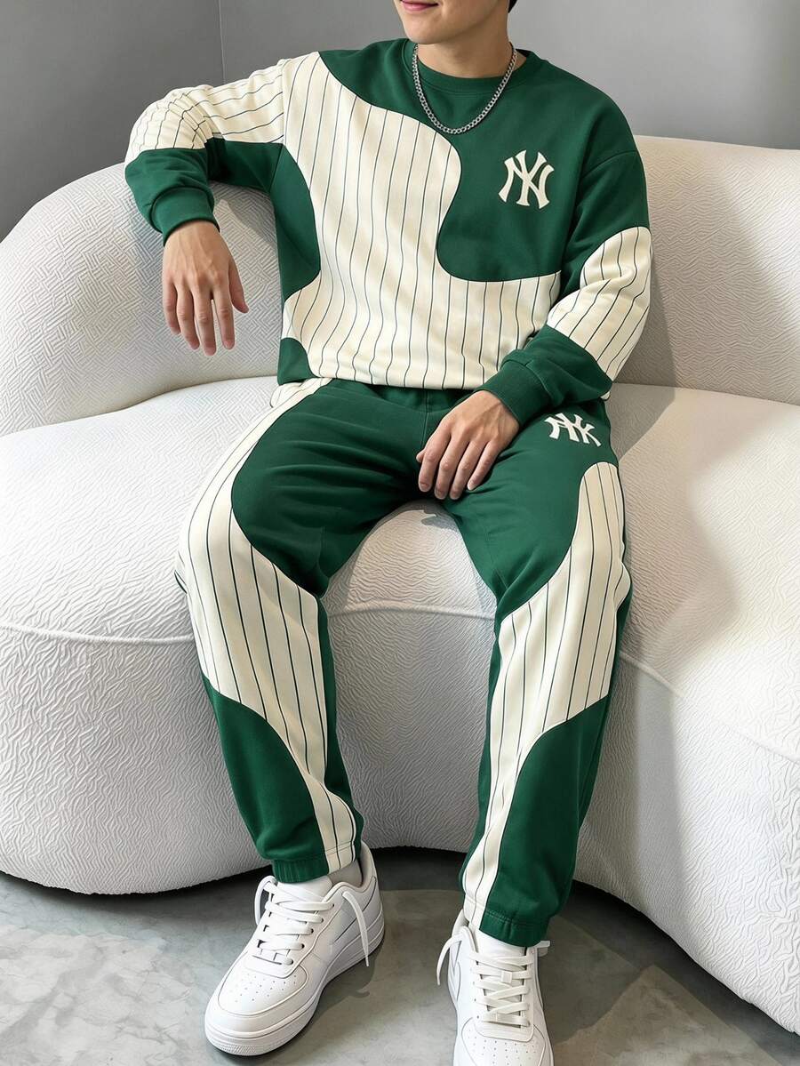 SHEIN Coolqubz 青少年男孩 2件組字母圖案抽象波浪拼色運動衫與運動長褲套裝，休閒運動服，秋季穿搭，秋季服飾，秋季風格 - 綠色 - 查看 1
