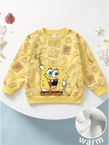 SpongeBob SquarePants | SHEIN 小男孩長袖卡通圖案保暖休閒套頭毛衣 - 彩色 - 查看 3