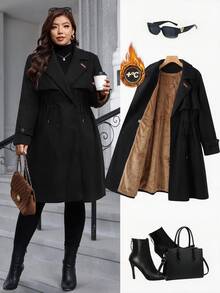 SHEIN Clasi Plus Size Women's Long Sleeve Lapel Cape Design Pleated Jacket, Fall Office Going Out Homewear Black Dressy Elegant Casual - Black - View 1