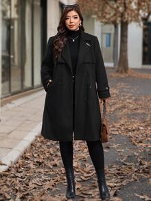 SHEIN Clasi Plus Size Women's Long Sleeve Lapel Cape Design Pleated Jacket, Fall Office Going Out Homewear Black Dressy Elegant Casual - Black - View 7