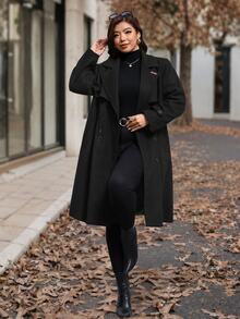 SHEIN Clasi Plus Size Women's Long Sleeve Lapel Cape Design Pleated Jacket, Fall Office Going Out Homewear Black Dressy Elegant Casual - Black - View 10