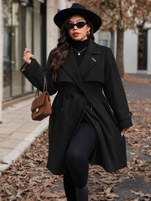 SHEIN Clasi Plus Size Women's Long Sleeve Lapel Cape Design Pleated Jacket, Fall Office Going Out Homewear Black Dressy Elegant Casual - Black - View 5