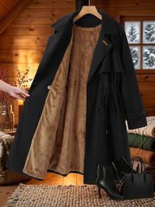 SHEIN Clasi Plus Size Women's Long Sleeve Lapel Cape Design Pleated Jacket, Fall Office Going Out Homewear Black Dressy Elegant Casual - Black - View 2