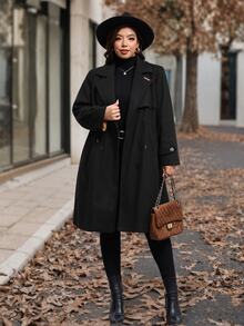 SHEIN Clasi Plus Size Women's Long Sleeve Lapel Cape Design Pleated Jacket, Fall Office Going Out Homewear Black Dressy Elegant Casual - Black - View 9