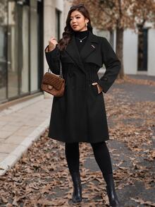 SHEIN Clasi Plus Size Women's Long Sleeve Lapel Cape Design Pleated Jacket, Fall Office Going Out Homewear Black Dressy Elegant Casual - Black - View 6