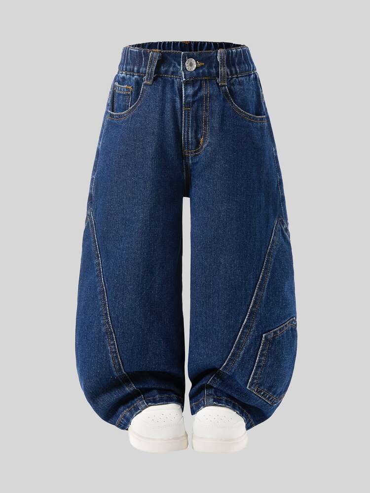 Young Boy Elastic Waist Straight Leg Jeans Blue Baby Fall - Dark Wash - View 4
