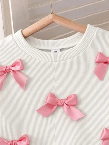SHEIN Tween Girls' Gentle Korean Style 3D Satin Bow Decor Light Apricot Vertical Ribbed Texture Soft Smooth Round Neck Loose Long Sleeve Top And High Waist Dr - Multicolor - View 4