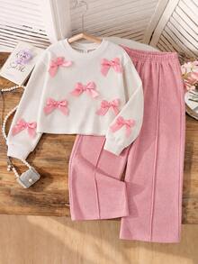 SHEIN Tween Girls' Gentle Korean Style 3D Satin Bow Decor Light Apricot Vertical Ribbed Texture Soft Smooth Round Neck Loose Long Sleeve Top And High Waist Dr - Multicolor - View 1
