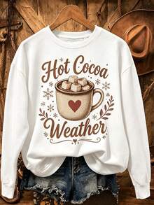 EMERY ROSE Plus-Size Women's Sweatshirt Featuring A "Hot Cocoa, Marshmallows, And Snowflakes" Print; A Retro, Casual, Long-Sleeved Pullover With A Crew Neck And - White - View 3