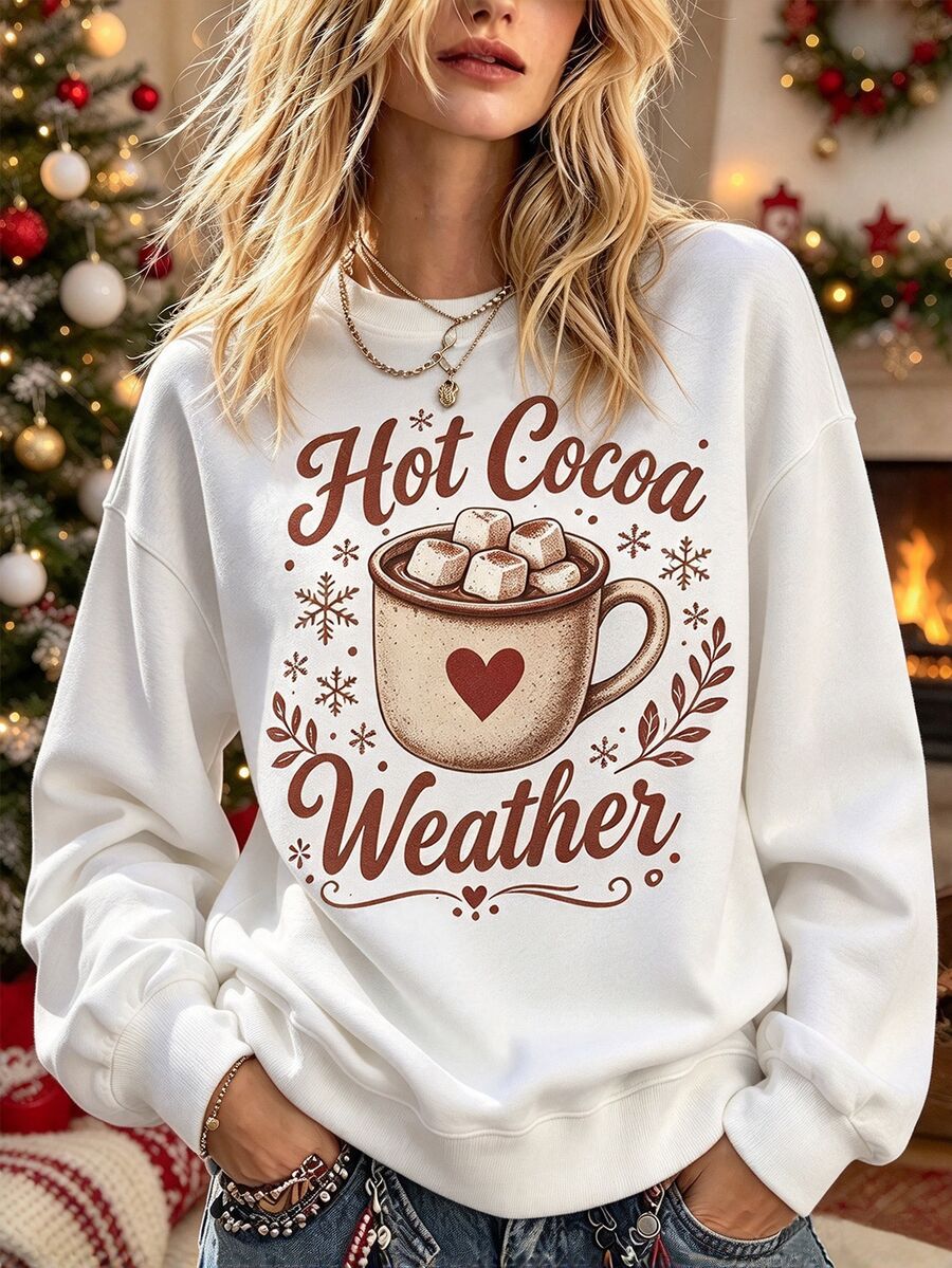 EMERY ROSE Plus-Size Women's Sweatshirt Featuring A "Hot Cocoa, Marshmallows, And Snowflakes" Print; A Retro, Casual, Long-Sleeved Pullover With A Crew Neck And - White - View 1