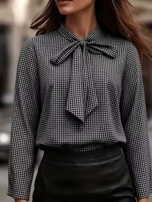Linhara Regular Women's Plus Size Bowknot Neckline Casual Plaid Print Shirt - Multicolor - View 1