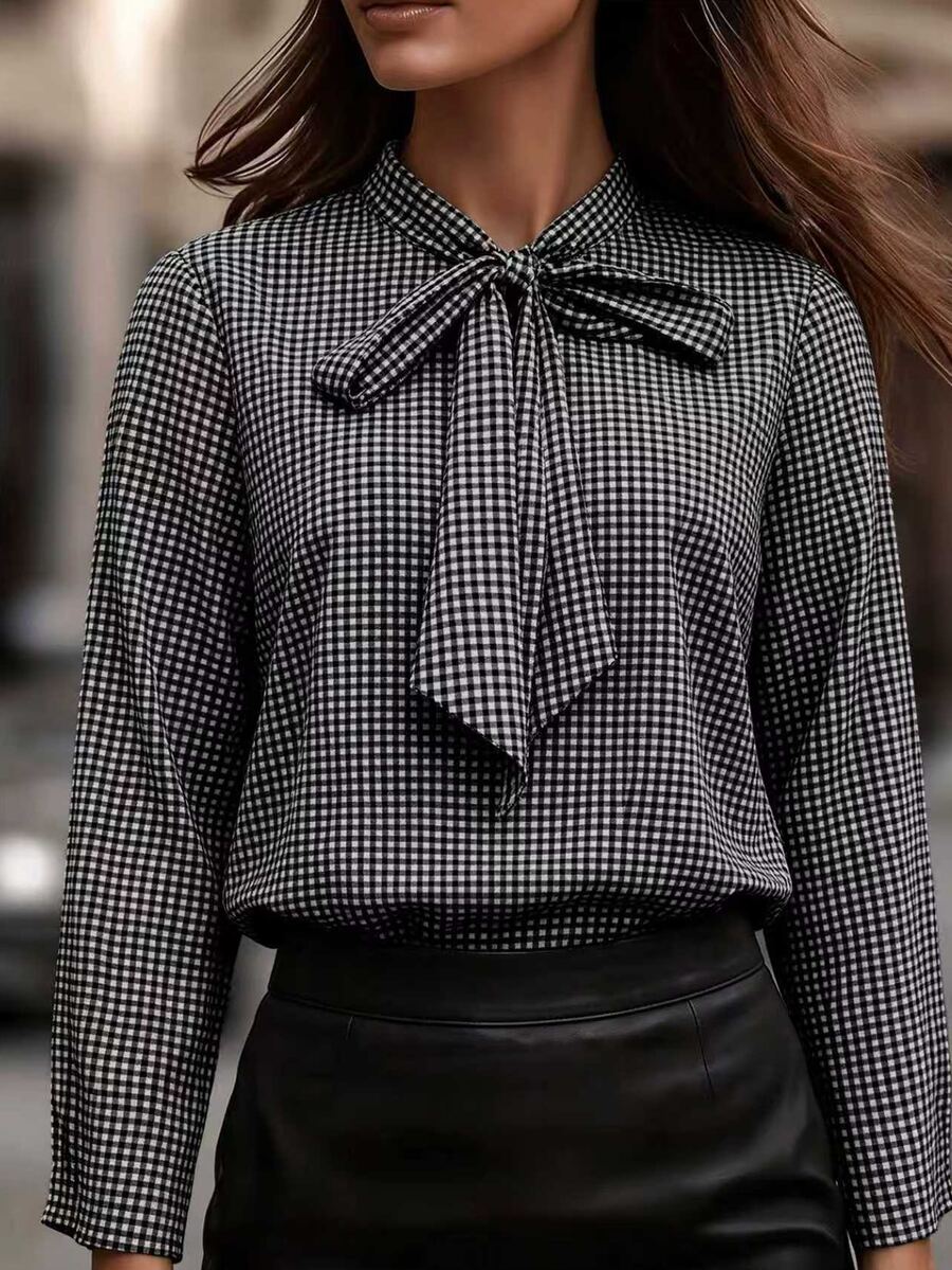Linhara Regular Women's Plus Size Bowknot Neckline Casual Plaid Print Shirt - Multicolor - View 1