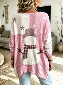 SHEIN LUNE Christmas Plus-Size Women's Christmas Snowman Pattern Print V-Neck Top, Long-Sleeved Loose-Fitting P - Multicolor - View 2