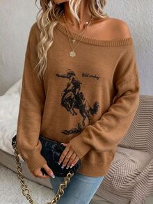 SHEIN LUNE 女款秋冬休閒露肩針織上衣 黃色與棕色 外出穿搭上衣 - 彩色 - 查看 3