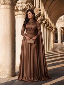 Auveirra Plus Size Women Solid Color Pleated Ribbon Design Elegant Dress Fall - Coffee Brown - View 4