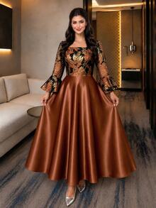 Auveirra Plus Size Women's Floral Jacquard Square Neck Flare Sleeve Elegant Dress Fall - Brown - View 8