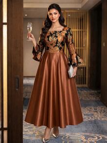 Auveirra Plus Size Women's Floral Jacquard Square Neck Flare Sleeve Elegant Dress Fall - Brown - View 3