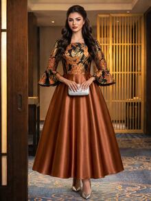 Auveirra Plus Size Women's Floral Jacquard Square Neck Flare Sleeve Elegant Dress Fall - Brown - View 6