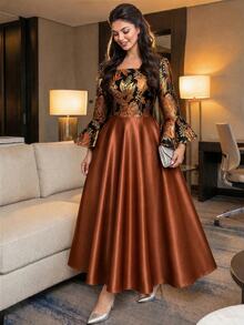 Auveirra Plus Size Women's Floral Jacquard Square Neck Flare Sleeve Elegant Dress Fall - Brown - View 5