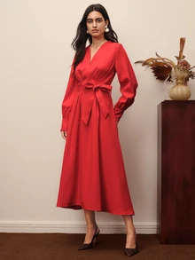 BELROSIE Women's Solid Color V-Neck Waist Knot Casual Elegant Party Dinner New Year Dress Red Fall - Burgundy - View 5