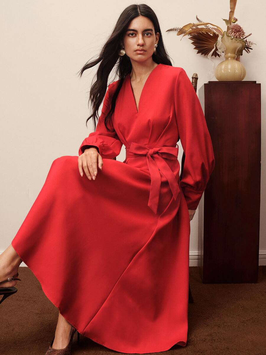 BELROSIE Women's Solid Color V-Neck Waist Knot Casual Elegant Party Dinner New Year Dress Red Fall