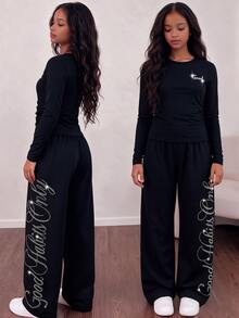 SHEIN Girls' Casual Slim Fit Long Sleeve T-Shirt And Elastic Waist Wide Leg Loose Pants 2 Pieces Set, Fall, Fall Tops, Fall Outfits, Autumn - Black - View 3