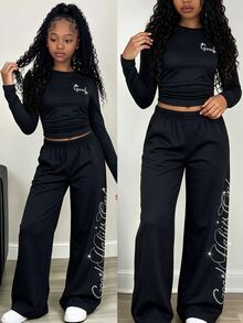 SHEIN Girls' Casual Slim Fit Long Sleeve T-Shirt And Elastic Waist Wide Leg Loose Pants 2 Pieces Set, Fall, Fall Tops, Fall Outfits, Autumn - Black - View 1
