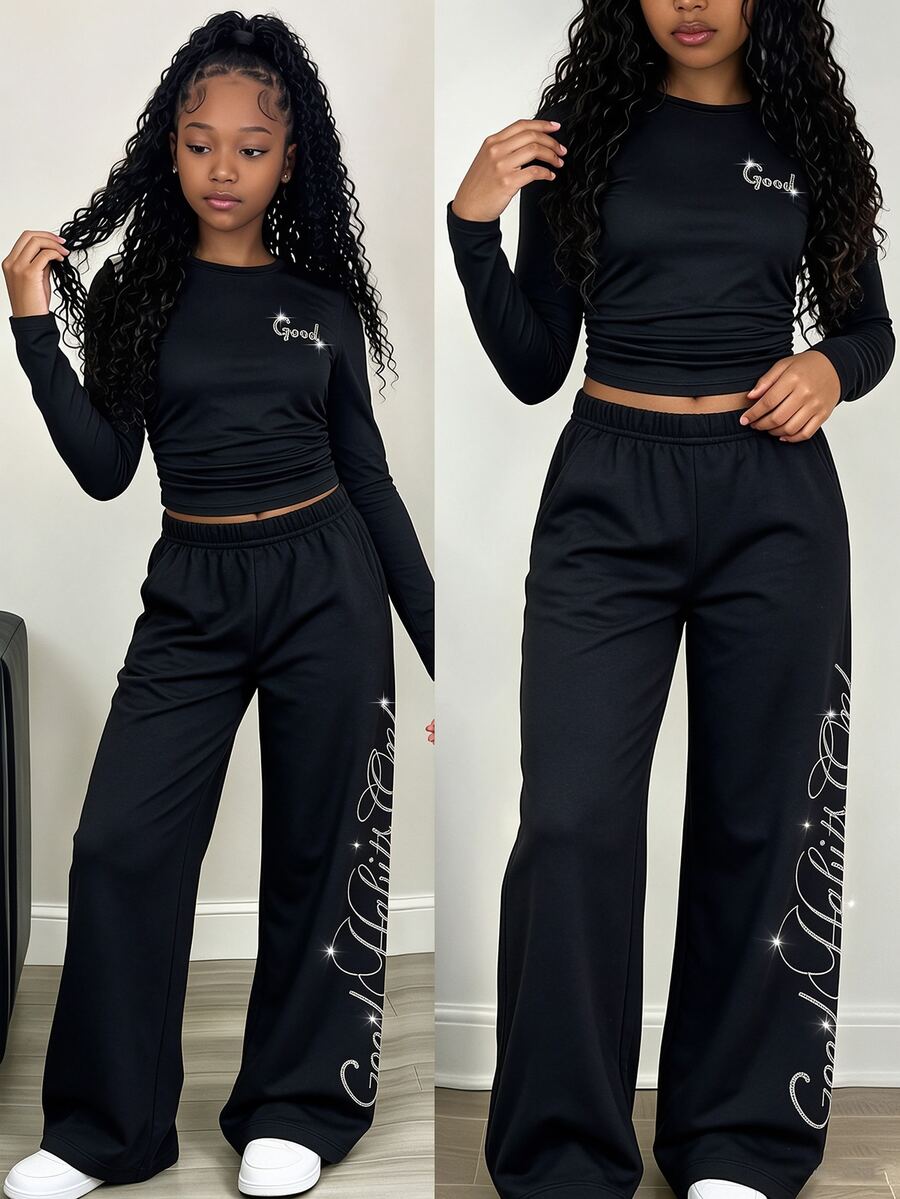 SHEIN Girls' Casual Slim Fit Long Sleeve T-Shirt And Elastic Waist Wide Leg Loose Pants 2 Pieces Set, Fall, Fall Tops, Fall Outfits, Autumn - Black - View 1