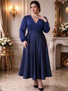 Rometta Plus Size Women's Elegant Fashion V-Neck Sequin Element Patchwork Satin Glossy Fabric Dress Suitable For Date, Party, Gathering Occasions - Navy Blue - View 1