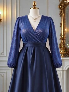Rometta Plus Size Women's Elegant Fashion V-Neck Sequin Element Patchwork Satin Glossy Fabric Dress Suitable For Date, Party, Gathering Occasions - Navy Blue - View 7