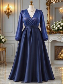 Rometta Plus Size Women's Elegant Fashion V-Neck Sequin Element Patchwork Satin Glossy Fabric Dress Suitable For Date, Party, Gathering Occasions - Navy Blue - View 4