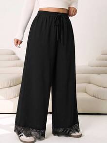 Solflare Black Curve Smart Casual Formal Loungewear Plus Size Wide Leg Pants, Elastic Waist Lace Patchwork Trousers For Daily Vacation,Parties,Home,Fall,Winter - Black - View 4