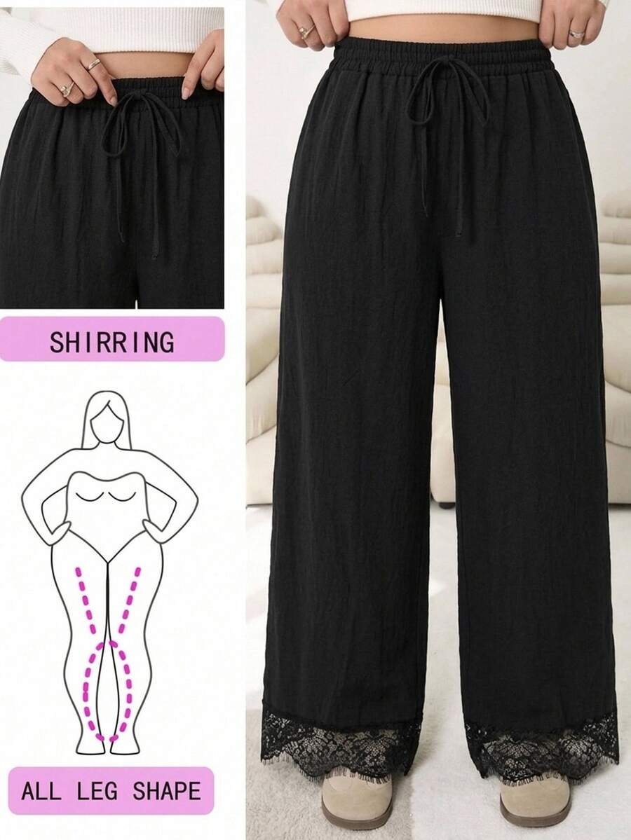 Solflare Black Curve Smart Casual Formal Loungewear Plus Size Wide Leg Pants, Elastic Waist Lace Patchwork Trousers For Daily Vacation,Parties,Home,Fall,Winter - Black - View 1