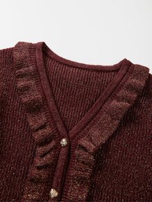 SHEIN ملابس علوية نسائية محبوكة براقة بياقة على شكل حرف V، مزينة بحافة مكشكشة وأزرار لؤلؤية، بأكمام طويلة واسعة وقصة ضيقة - عنابي اللون - مشاهدة 6