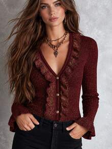 SHEIN ملابس علوية نسائية محبوكة براقة بياقة على شكل حرف V، مزينة بحافة مكشكشة وأزرار لؤلؤية، بأكمام طويلة واسعة وقصة ضيقة - عنابي اللون - مشاهدة 3