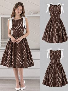 SHEIN Teen Girls Elegant Luxury Cute Summer Brown Party Sleeveless Mini Dress, Graduation, Outfits - Multicolor - View 3