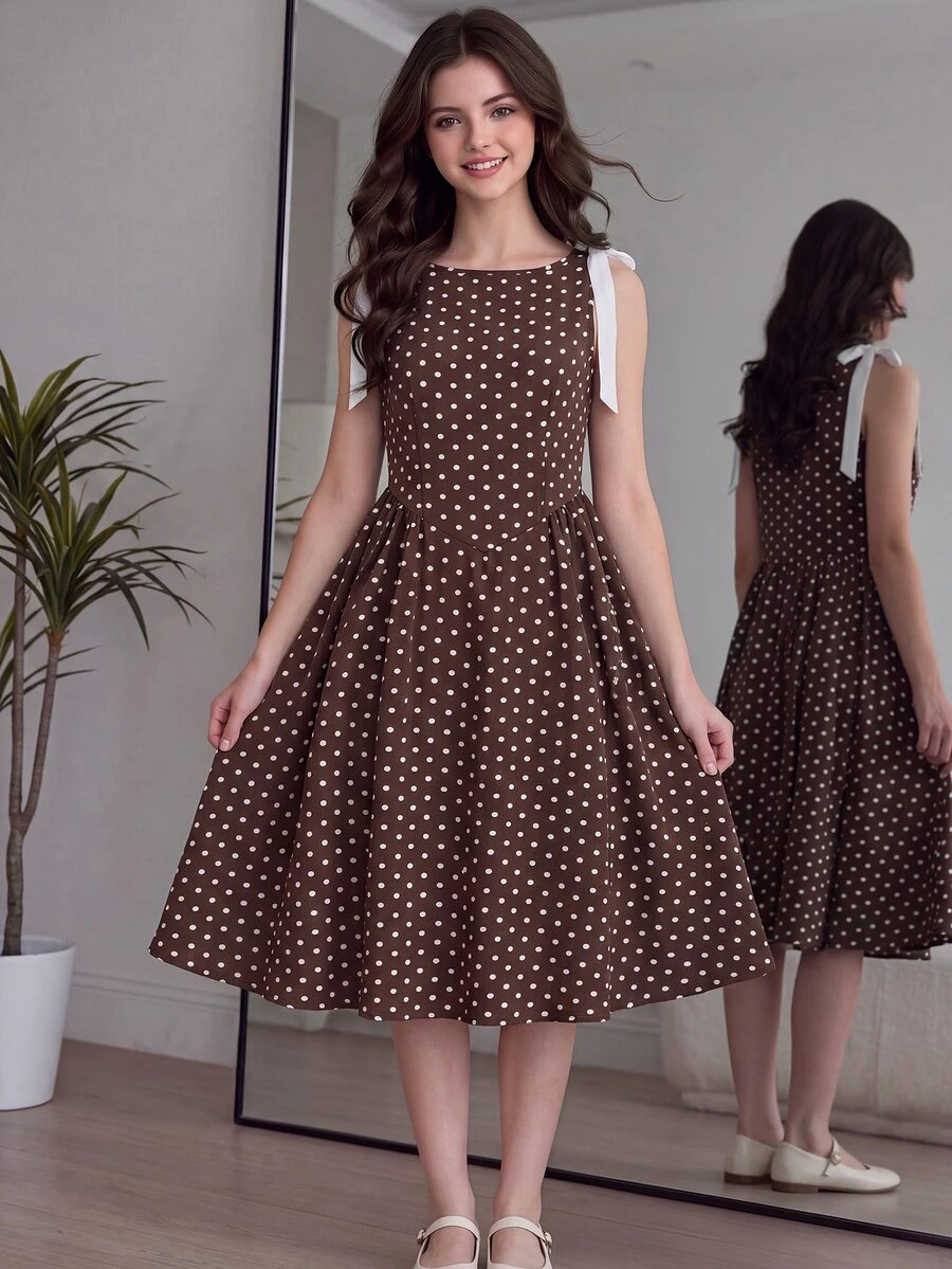 SHEIN Teen Girls Elegant Luxury Cute Summer Brown Party Sleeveless Mini Dress, Graduation, Outfits - Multicolor - View 1