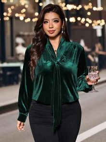 SHEIN Clasi 大尺碼優雅前綁帶長袖襯衫，深綠色上衣，適合辦公室晚宴、日常穿著、職場秋季聖誕新年 - 墨綠色 - 查看 2