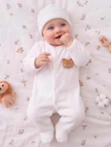 Newborn White Minimalist Fashion Baby Long Sleeve Long Jumpsuit With Hat And Gloves Set, Home Wear Winter - Multicolor - View 4