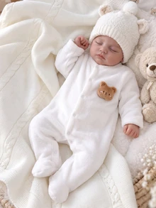 Newborn White Minimalist Fashion Baby Long Sleeve Long Jumpsuit With Hat And Gloves Set, Home Wear Winter - Multicolor - View 3