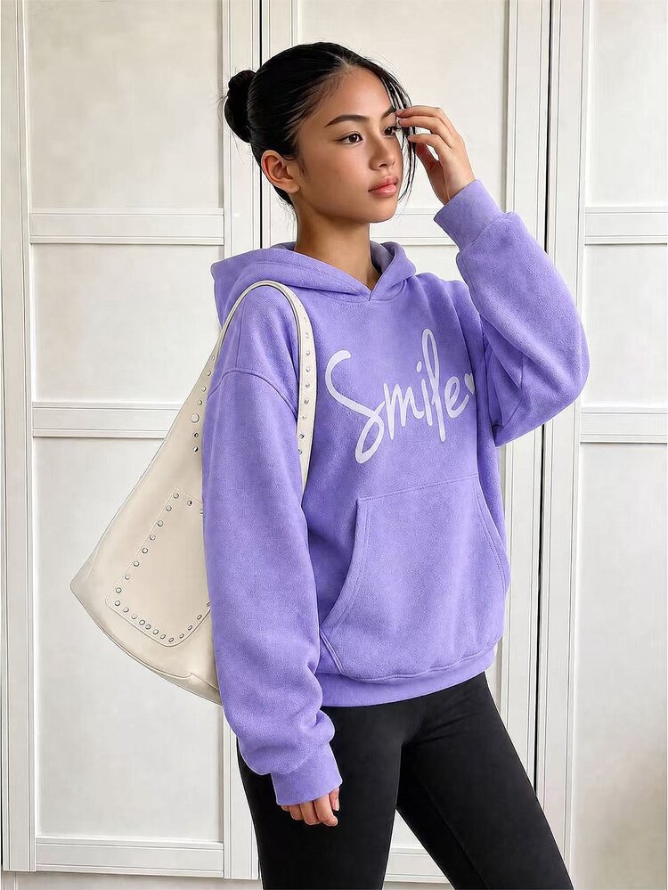 SHEIN Tween Girl Autumn Hooded Sweatshirt, Smile Letter Heart Graphic Print With Kanga Pocket, Holiday School Purple And White Casual - Purple - View 1