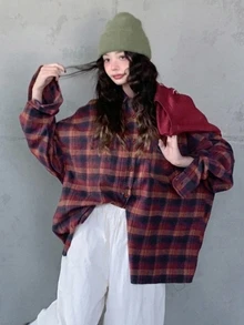 DAZY 女款格紋休閒百搭日常穿著長袖上衣 - 酒紅色 - 查看 7
