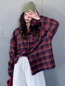 DAZY 女款格紋休閒百搭日常穿著長袖上衣 - 酒紅色 - 查看 6